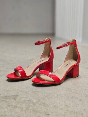 Red Patent Block Heel Sandals With Ankle Strap - Womens Dress Shoes